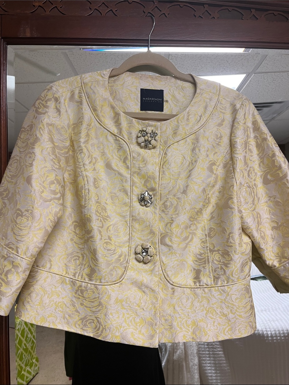 Magaschoni Yellow Brocade Cropped Blazer with Jeweled Buttons